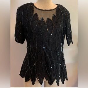 Vintage Stenay Women’s Black Beaded & Sequins 100% Silk Blouse